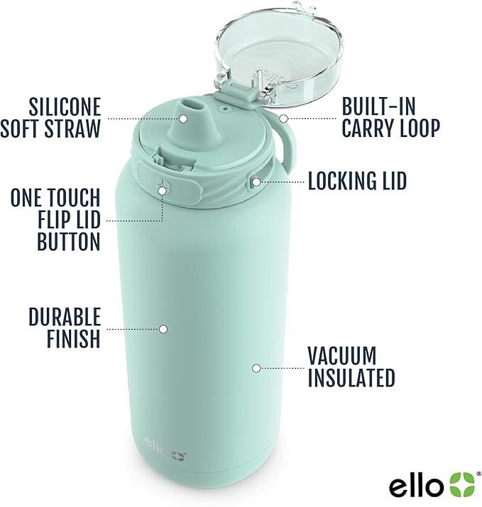Ello Cooper 22oz Stainless Steel Water Bottle with Straw and Carry Handle, Double Walled and Vacuum Insulated Metal, Leak Proof Locking Lid with Soft Silicone Spout, Reusable, BPA Free, Yucca