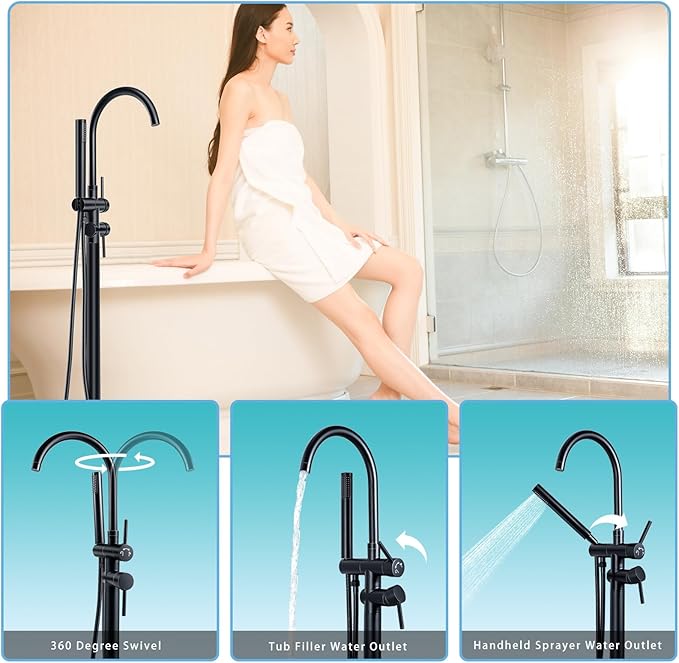 Floor Mount Bathtub Faucet，Matte Black，Freestanding Tub Faucet ，High Flow Dual Function 360 Degree Rotating Tube and Handheld Water Outlet