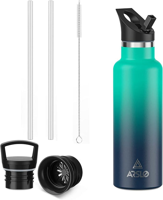 Stainless Steel Water Bottle with Straw - Insulated Water Bottle for Sports, Gym, School, Commute, Adults/Kids - Keep Cold for up to 24 Hours - Sweat/Leak-proof - 2 Lids - BPA Free