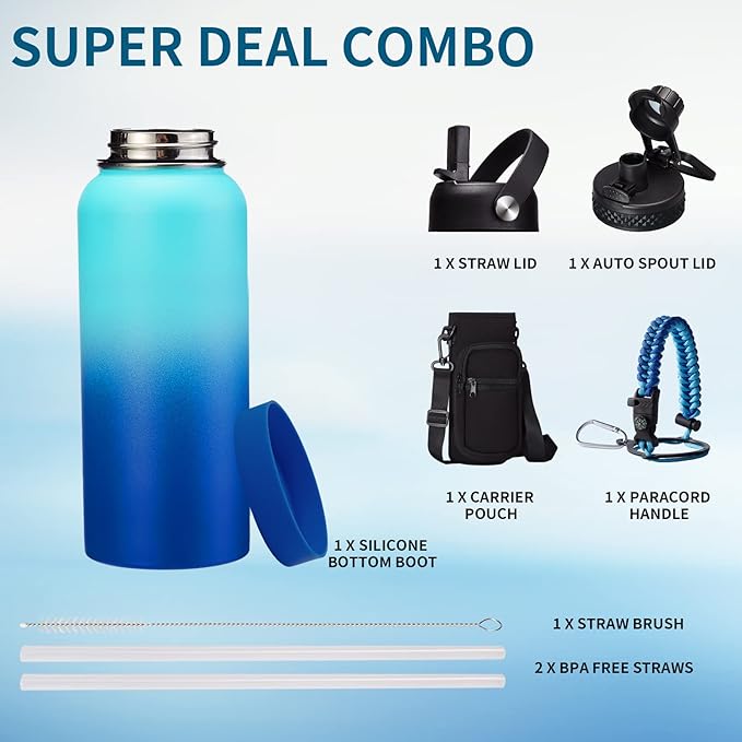 32oz/40oz/64oz Insulated Water Bottles - Vacuum Triple Walled Cold-48H Hot-24H, Water Bottle w/Straw & Chug Lid, Paracord Handle, Bottle Carrier, Stainless Steel Water Flask Mug for Sport Gym Yoga