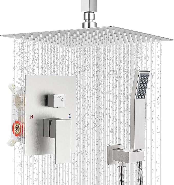Ceiling Mount Shower Faucet Set Square Showerhead Bathroom Rainfall Shower System Stainless Steel Shower Trim Kit 10 Inches (Brush Nickel)