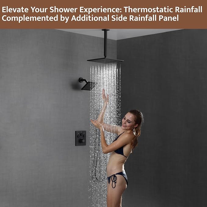 Thermostatic Shower System Matte Black, Push Button Diverter Shower Faucet with 2 in 1 Handheld, Ceiling Mount 12 Inch Shower Head with 6 Inch Wall Mount Shower Head