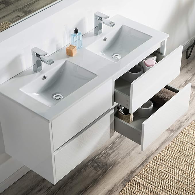 Blossom Bathroom Vanity with Double Ceramic Sinks and Mirror | All Wood Floating Vanity Cabinet | 2x2 Soft-Closing U-Shaped Cutout Drawers | 48" w/ 2 Ceramic Sinks and Mirror, Glossy White