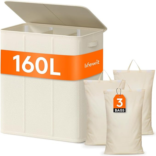 Lifewit Triple Laundry Hamper with Lid and Removable Laundry Bags, Large Collapsible 3 Dividers Dirty Clothes Basket with Handles for Bedroom, Laundry Room, Closet, Bathroom, College, 160L White