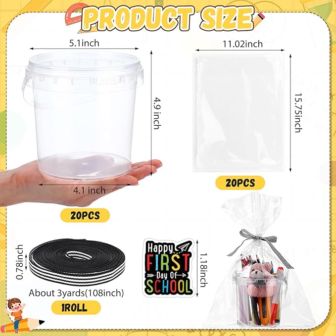 PerKoop 20 Pcs 32 oz Ice Cream Buckets with Lids and Handles Cocktail Rum Buckets for Drinks with 180 Back to School Stickers Clear Plastic Bucket Reusable Food Storage Containers for Parties