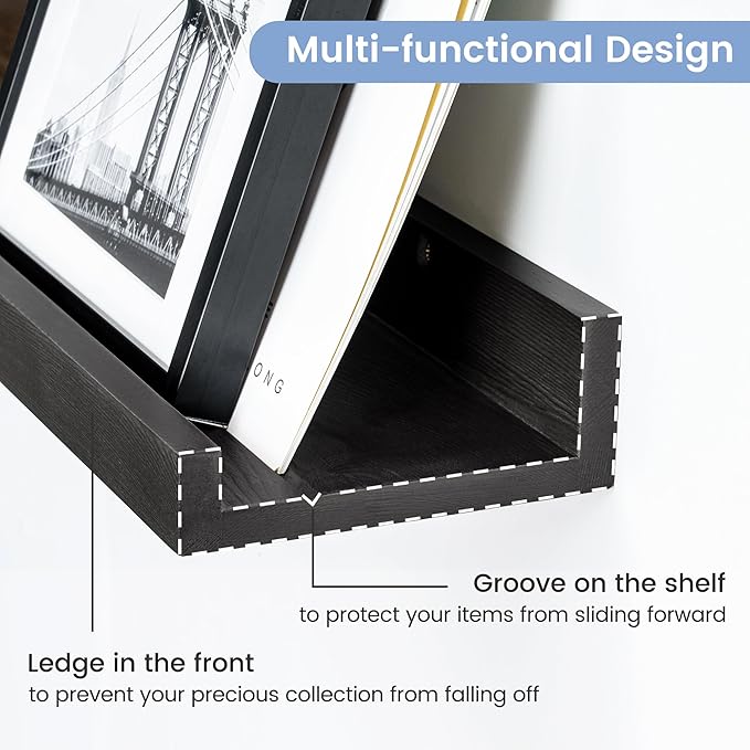 Picture Ledge Wall Shelves - 36 Inch Width Set of 3, Solid Pine Wood Rustic Floating Ledge Shelves for Kids' Room, Bedroom, Kitchen, Bathroom, Living Room, Nursery Display Wall Decor, Black