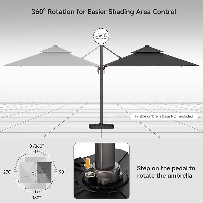 9x12FT Grey Cantilever Outdoor Patio Umbrella with Base, Large Rectangular Offset Design, Double Top Heavy Duty Aluminum Frame & 360° Rotation for Pool Garden Deck Backyard