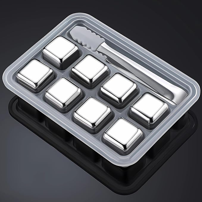 ShanSon Wine Chillers Metal Ice Cube 8 PCS Stainless Steel Whiskey Stones Reusable Whiskey Rocks Beverage Chilling Stones for Scotch and Bourbon Drinking Gifts Set for Men Dad Husband,Silver