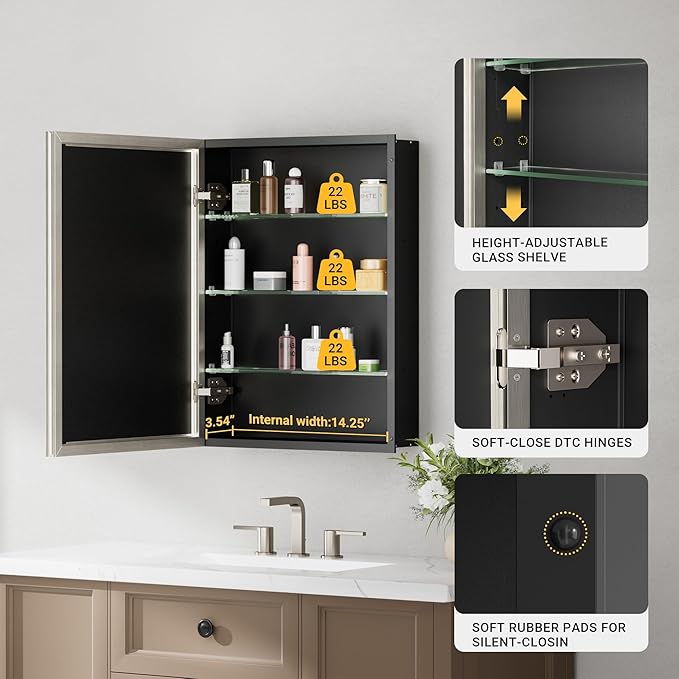 Brushed Nickel Medicine Cabinet, 16''x 26'' Recessed or Surface Framed Medicine Cabinet with Beveled Mirror Pre-Assembled, Reversible Bathroom Storage Vanity Cabinet with Adjustable Shelves