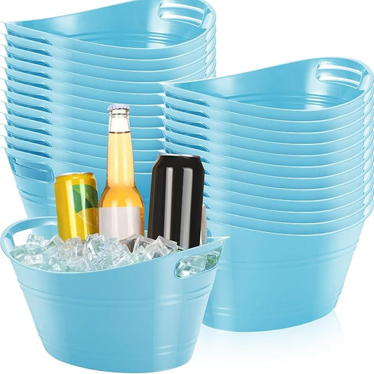 Norme 24 Pcs Oval Storage Tub with Handles, 4.5L Plastic Ice Bucket Wine Beer Champagne Bottle Drink Cooler Tub for Parties Beverage, Storage Basket (Sky Blue)