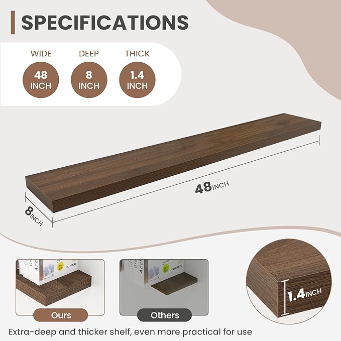 48 Inch Floating Shelves, 8 Inch Deep Floating Shelves for Wall, Hanging Shelf with Invisible Brackets, Deep Shelves for Bathroom, Bedroom, Living Room, Walnut, Set of 1