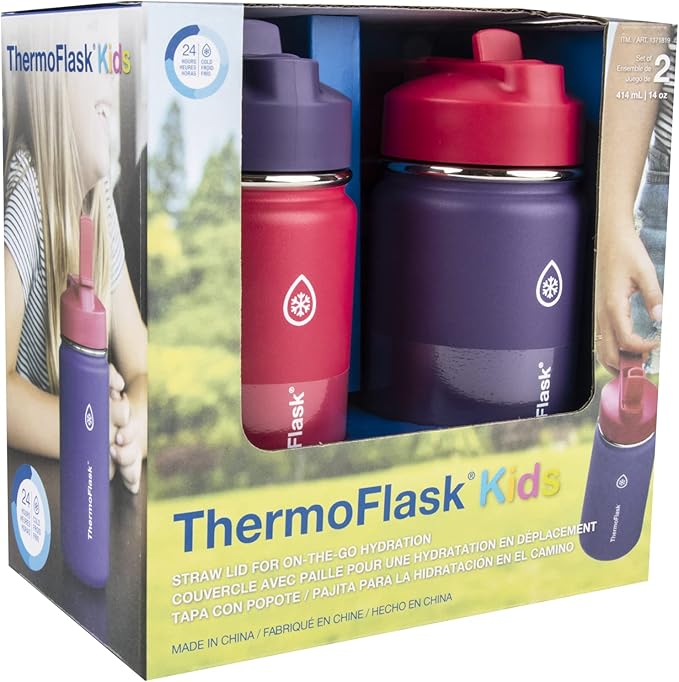 ThermoFlask 14 oz Double Wall Vacuum Insulated Stainless Steel 2-Pack of Water Bottles, Punch/Eggplant