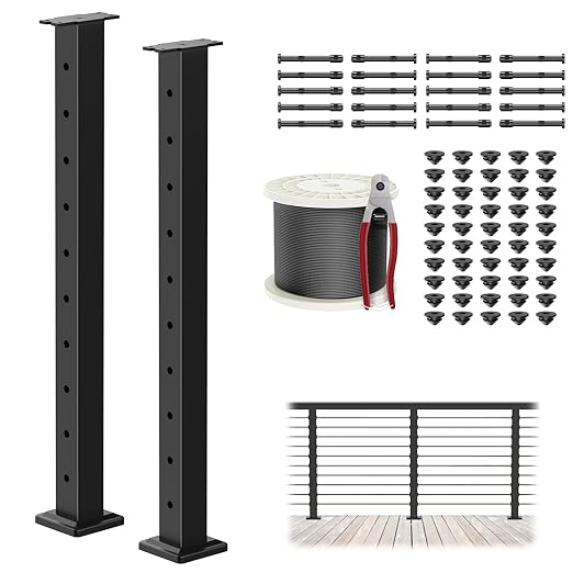4-12ft Complete Set 36" Cable Railing Post Kits, Stainless Steel Black Level Drilled Line Posts(35"x2"x2")2 Pack, 1/8" Wire Rope with Cutter(No Handrail), Swageless Deck Cable Railing, MY07-LP