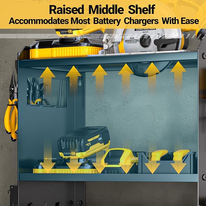 YYR Power Tool Organizer Wall Mount with Charging Station, Cordless Tools Hanger and Battery Storage Rack for Garage Organization, Heavy Duty Drill Holder Shelf Build in Metal Power Strip - Black