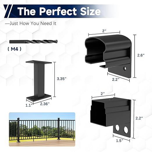 4 Pack Aluminum Deck Railing Bracket Connector with Level Foot & Drill, Fixed Railing Bracket, Black Textured Powder-Coat Finish Railing System (Level Bracket)