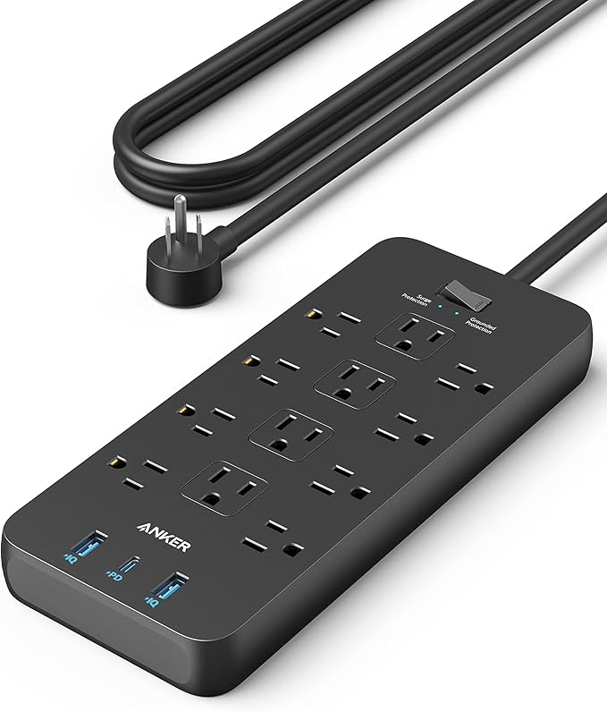 Anker Power Strip with 3 USB Ports, Surge Protector (2100J-10ft), 12 Outlets, 2 USB-A Ports and 1 USB-C Port, Works with iPhone 16/16 Plus/16 Pro/16 Pro Max, for Home, Office, TUV Listed