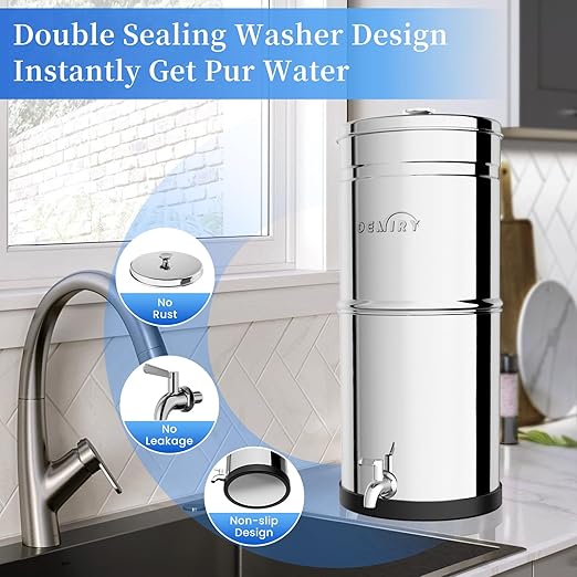 2.25G Gravity Water Filter System, NSF/ANSI 42&372 Standard, 304 Stainless Steel Countertop System with 2 Carbon Filters, Reduce 99% Chlorine and Lead