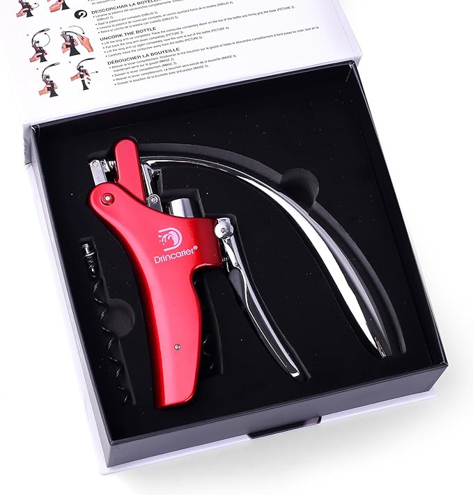 Vertical Lever Corkscrew with Non-Stick Worm, Compact Rabbit Wine Opener Wine Bottle Opener with built-in Foil Cutter (Red)