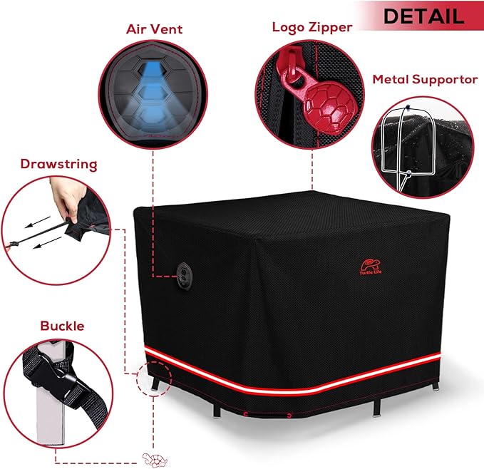 Turtle Life Patio Furniture Sets Cover, Heavy Duty Square Durable Waterproof Outdoor UV Resistant Anti-Fading Dining Table Chairs Furniture Cover, Black, 63"L x 63"W x 29"H