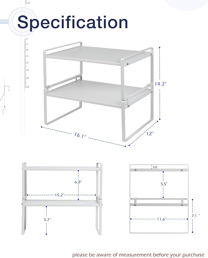 Nxconsu 2Pack Cabinet Shelves Stackable Shelf Organizer Rack Riser for Kitchen Cabinet Pantry Cupboard Counter Countertop Home Organization Storage Space Saver Heavy Duty Metal Nonslip White Wide