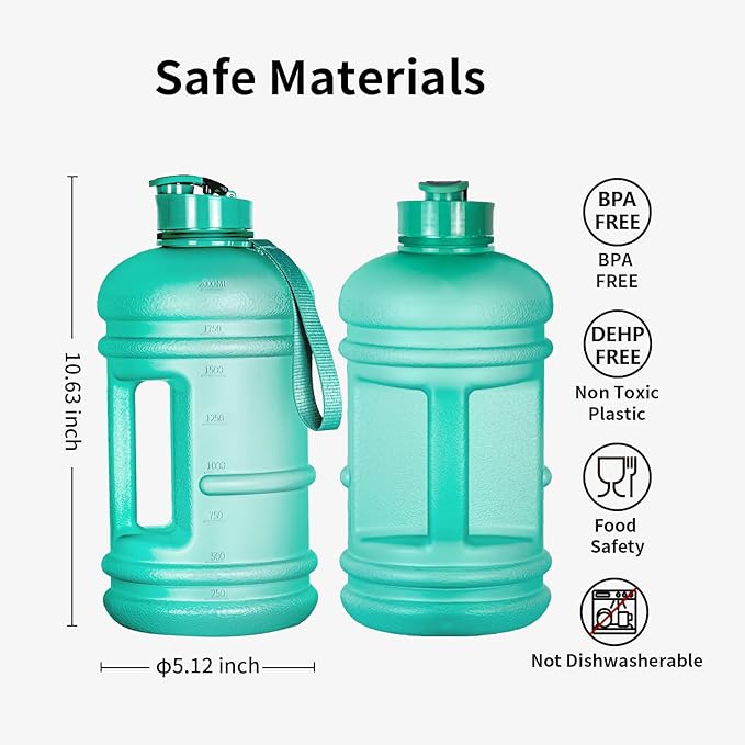 TOOFEEL 2.2 Liter 74 oz Reusable Clear Water Bottles - 100% Leak Proof BPA Free Water Bottle that Tracks Water Intake with Visible Volume Water Jugs for Sports Bottle (Clear Matte Green Water Bottle)