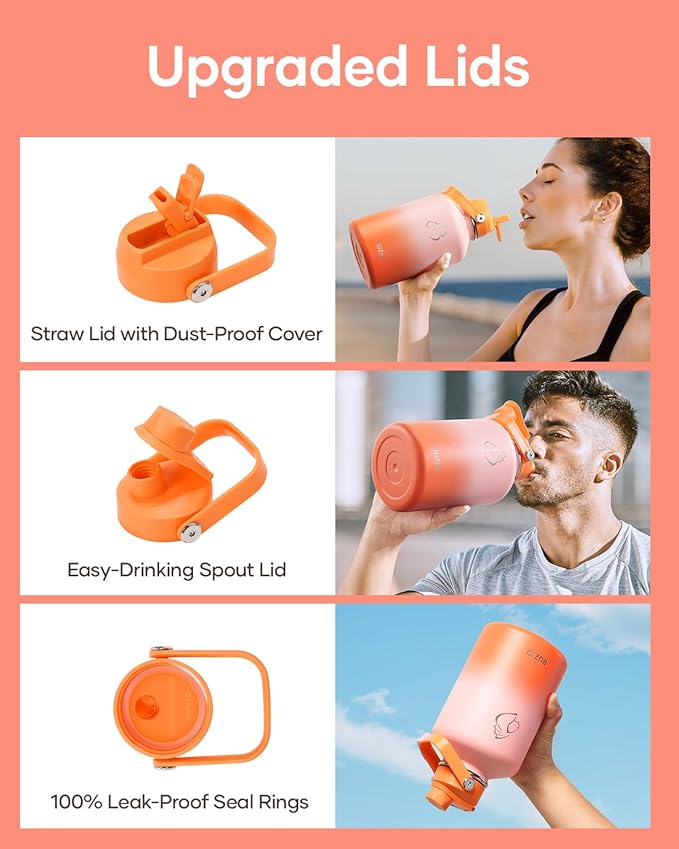 Half Gallon Water Bottle, BUZIO 64 oz Insulated Stainless Steel Water Bottles with Straw Lid Leak Proof water jug, Keep Cold 48H Lead-Free Double Wall Vacuum Metal Mug for Sport Camping Beach, Orange