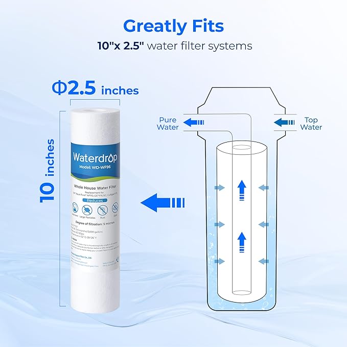 Watedrop 5 Micron Water Filter 10" x 2.5" Whole House Water Filter Replacement Cartridge, Sediment Water Filter Replacement for Any 10 inch RO Unit, Aqua-Pure® AP110, Culligan® P5, WHKF-GD05, 4 Pack