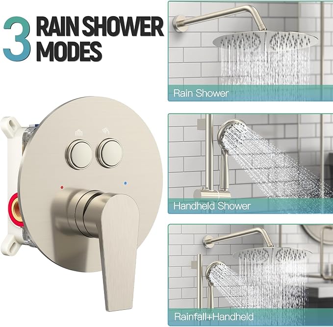 SR SUN RISE Shower System: 12 Inch Rainfall Shower Head with Handheld Combo Set - Slide Bar Bathroom Shower Faucet Set Wall Mounted (Valve and Trim Kit Included) - Brushed Nickel