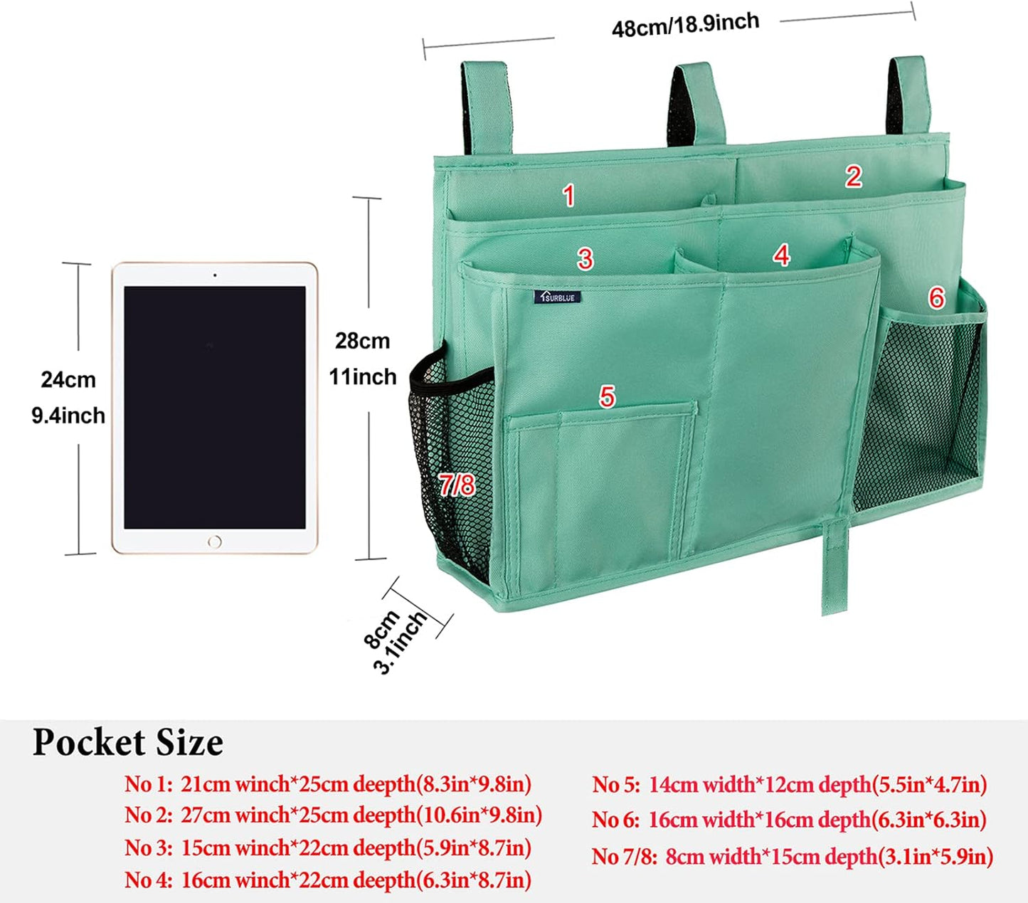 Surblue Caddy Hanging Organizer Bedside Storage Bag for Bunk and Hospital Beds, Green, L