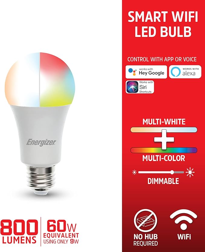 Energizer Connect Smart A19 LED Multi-White & Multi-Color RGB Light Bulb with Voice Control and Remote Access Through Your Smartphone | Compatible with Alexa and Google Assistant, 4 Pack