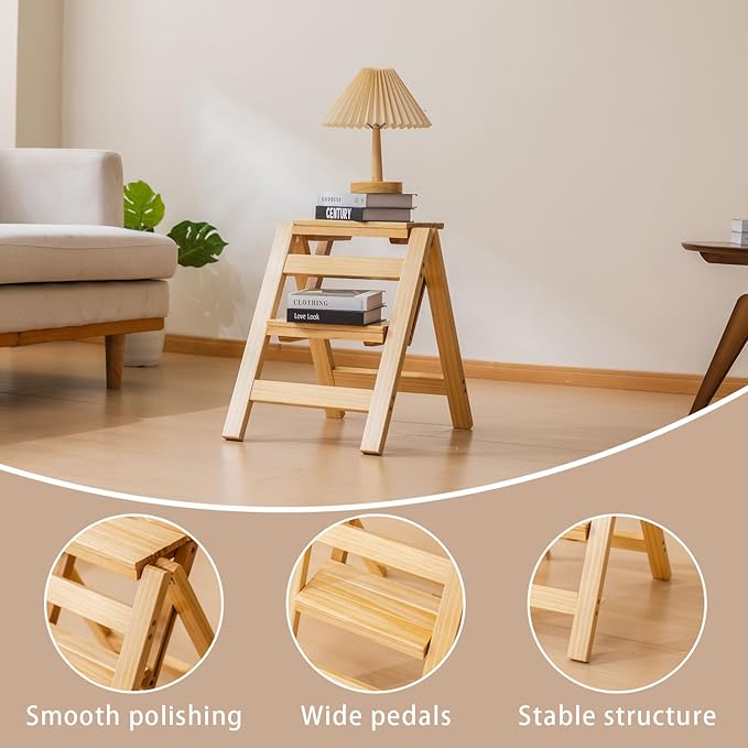 Wooden Step Stool, Foldable 2 Step Ladder, Solid Wood Ladder Stool for for Home, Kitchen & Garden Nature