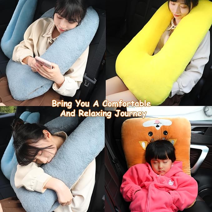 Kids Travel Pillow for Car Seat with Hand Muff, Cartoon Neck & Headrest Seat Belt Pillow for Car Road Trips Long-Distance Travel Sleeping Pillow for Adults and Children, Yellow
