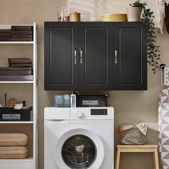 SoBuy Wall Cabinet Laundry Room, Medicine Cabinet for Bathroom Kitchen Garage, 3 Doors Wall Storage Cabinet with Adjustable Shelf, Black FRG231-L-SCH