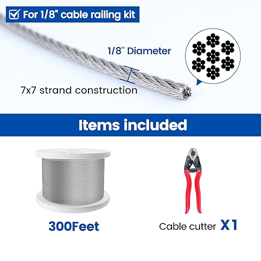 Muzata 300 ft 1/8" Stainless Steel Cable Railing System Hardware T316 Stainless Steel Wire Rope 7x7 1800 lb Breaking Strength Deck Cable Railing Kit with Wire Cutter for Indoor Outdoor Coastal WR02