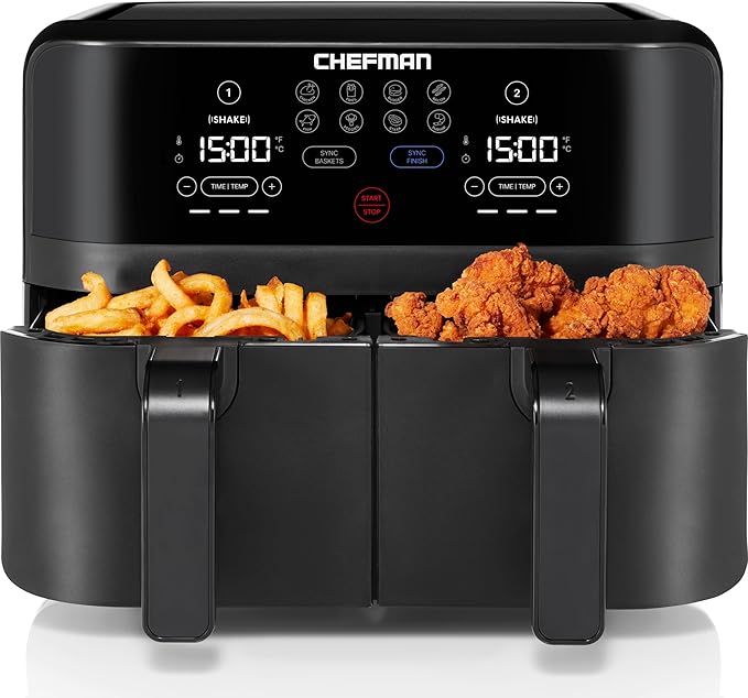 Chefman TurboFry Touch Dual 4.5QT Air Fryer Bundle With 100 5.5" Round Disposable Liners