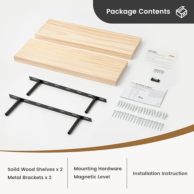 Fun Memories Farmhouse Floating Shelves - 8 Inch Deep Rustic Wood Wall Shelf - Premium Solid Pine Wood Storage Shelf for Kitchen Living Room Bedroom - 24" W x 8" D - Set of 2 - No Stain - Unfinished