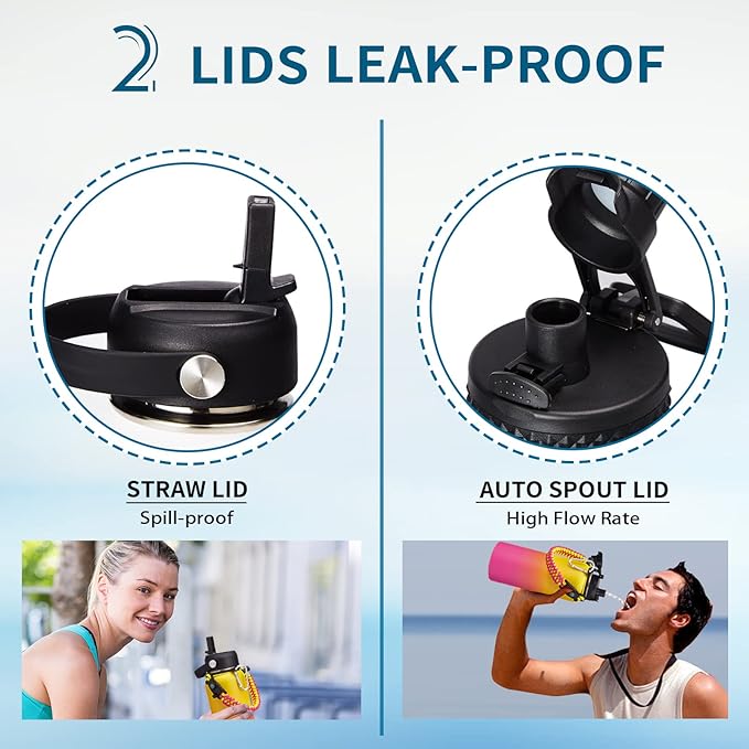 Stainless Steel Water Bottles 32oz - Cold-48h Hot-24h Insulated Water Bottle with Straw & Auto Spout Lid, Carrier Bag & Protective Cup Mat, Metal Thermo Flask Reusable Gym Waterbottle Jug Leak Proof