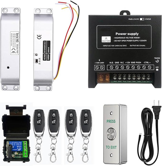 Electric Drop Bolt Lock with 4 Remote Controls Fail Safe Door Access Control Kit with Power Supply and Exit Button Easy DIY Install for Home/Office Security