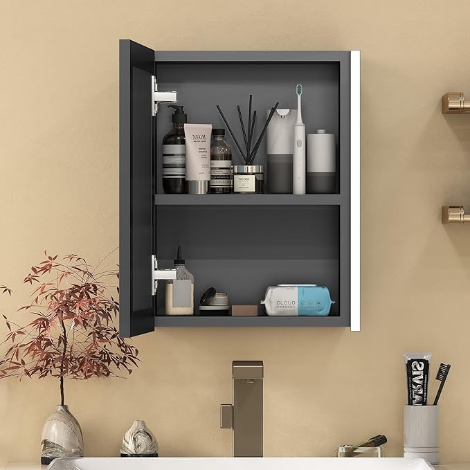 20x26 Inch Medicine Cabinet with LED Light Mirror, Brightneess Adjustable and Full-Assembled Bathroom Aluminum Cabinet with Storage, Surface or Recessed Tempered Cabinet, Farmhouse Black