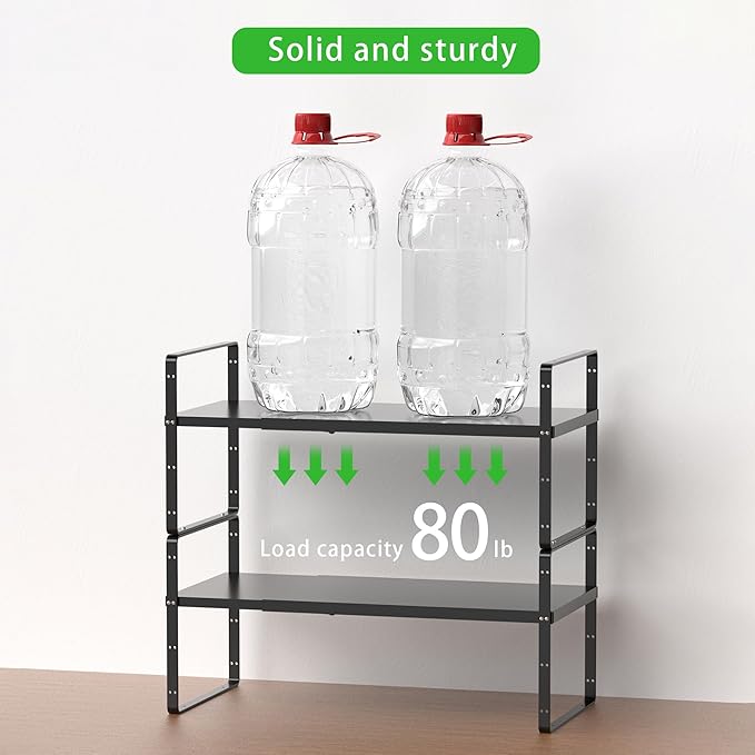 Expandable Cabinet Storage Shelf, Stackable Organizer Rack for Kitchen Bathroom Pantry Spice Cupboard Countertop Home Office Desk, Heavy Duty, Black Large 1 PACK, 10.2 Inch Depth