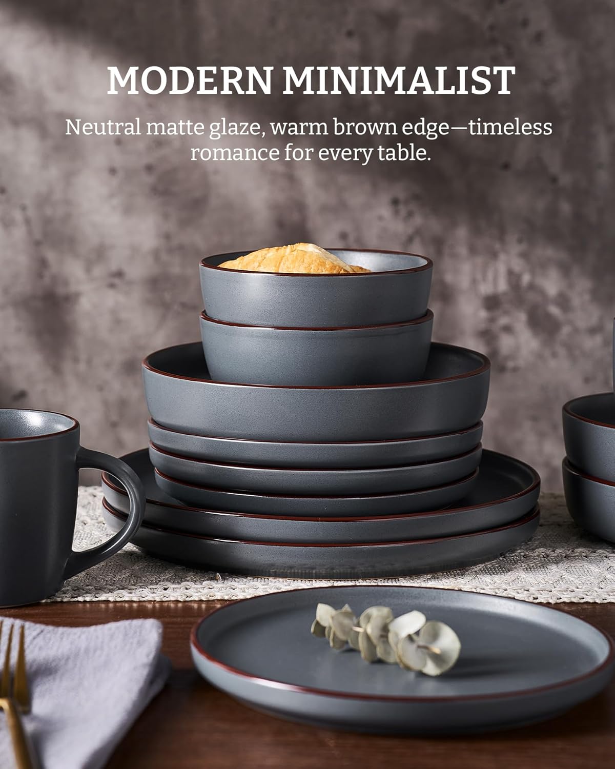 Famiware Mercury Plates and Bowls Sets, 18 Pieces Stoneware Dinnerware Sets, Dishes Set for 6, Microwave and Dishwasher Safe, Charcoal