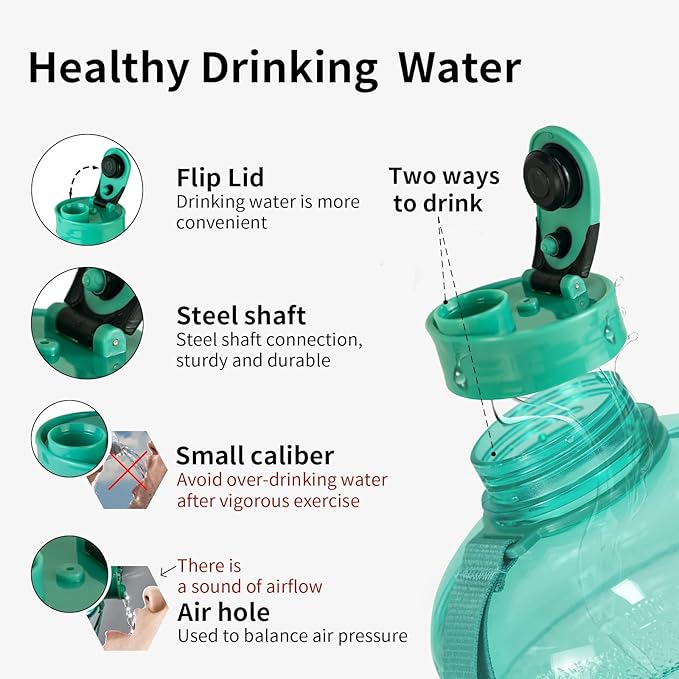 TOOFEEL Half Gallon Water Bottle with Flip Lid - 2 Liter Water Bottles BPA Free - Ideal for Gym, Big Water Bottle with Measurements Marked Drink Container - 2.2L 74oz Transparent Mint Greent Bottle