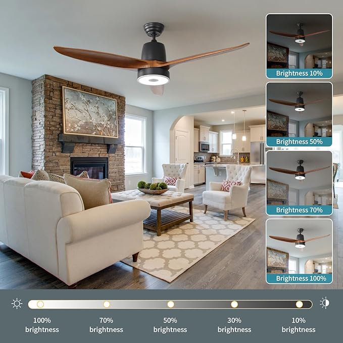 52 Inch Wood Ceiling Fan with RGB Dimming LED Light,with Music Bluetooth Speaker,Remote Control,3-Speed Regulation, Reversible Motor,Timing,for Living Room,Bedroom,Restaurant,Outdoor