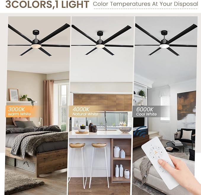 GESUM 84 Inch Ceiling Fans with Light, Industrial Ceiling Fan with 6 Aluminum Blades, Reversible, 6-Speeds, Large Ceiling Fan for Porch/Garage/Shop (Black)