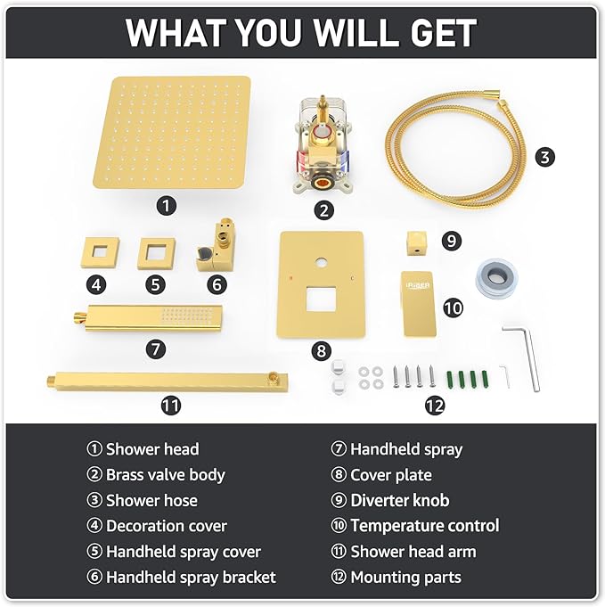 Iriber Brushed Gold Rain Shower System with 12 Inch Shower Head and Handheld shower Bathroom Wall Mounted Golden Shower Set Contain Shower Faucet Mixer Valve and Trim Kit (Valve Cartridge Included)