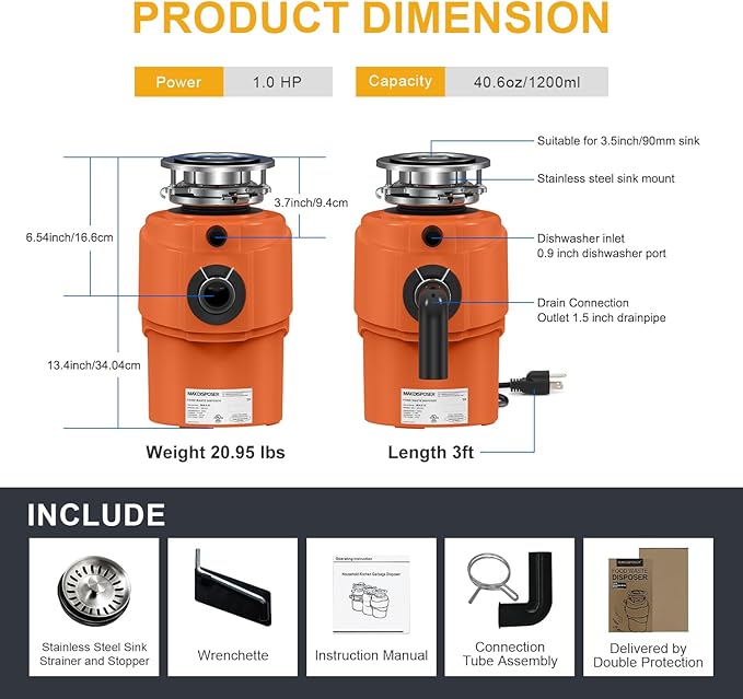 Garbage Disposal 1 HP Ultra Quiet Anti-Jam Grinding System Continuous Feed Food Waste Disposer with Power Cord Easy install, AC Motor Stainless Steel Grind 1 Horsepower (MAX-6)