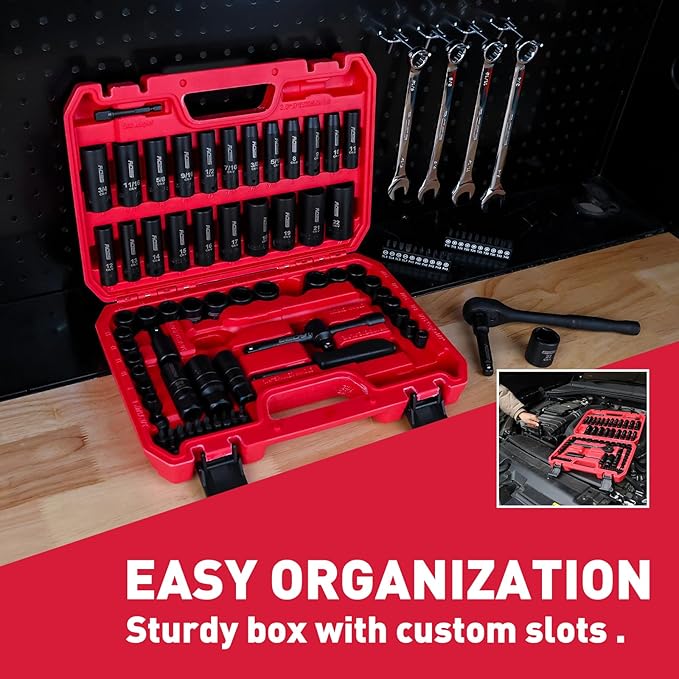 96-Piece 3/8" Drive Impact Socket Wrench and Bit Set, SAE 5/16”-3/4” & Metric 8-22mm, Cr-V Standard & Deep Sockets, Power Bits, Ratchet Handle, Universal Joint, Bit Holder, Adapters, Spark Plug Socket