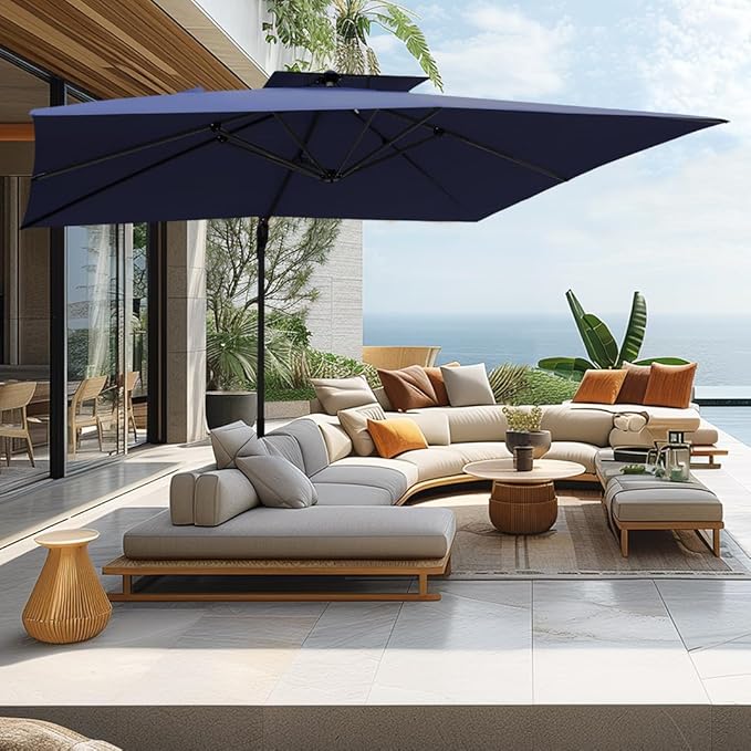 PHI VILLA 9' X 12' Cantilever Patio Umbrella, Outdoor Large Rectangular Umbrellas with 360°Rotation, Heavy Duty Hydraulic Double Umbrella Windproof for Outside, Navy Blue