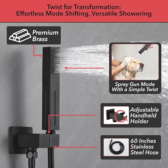 VANFOXLE Shower Faucet Set Matte Black Shower System,Four Modes Shower Faucet with 2 in 1 Handheld,Ceiling Mount 10 Inch Shower Head with 6 Inch Shower Head, 4 PCS Dual Modes Body Jets