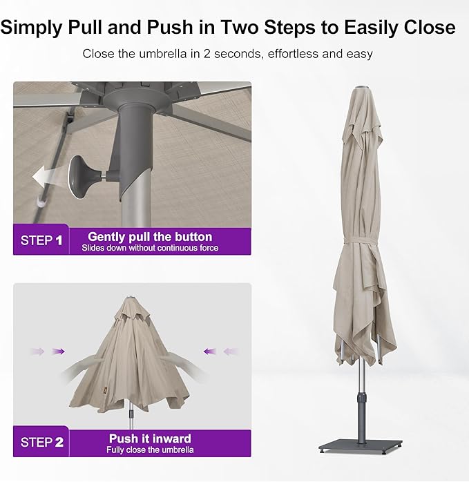 PURPLE LEAF 10 X 10 FT Semi-Auto Outdoor Patio Umbrella Market Table Sun Umbrellas with 8 Aluminum Sturdy Ribs for Backyard Deck Garden Pool (Silver Pole Beige Canopy)